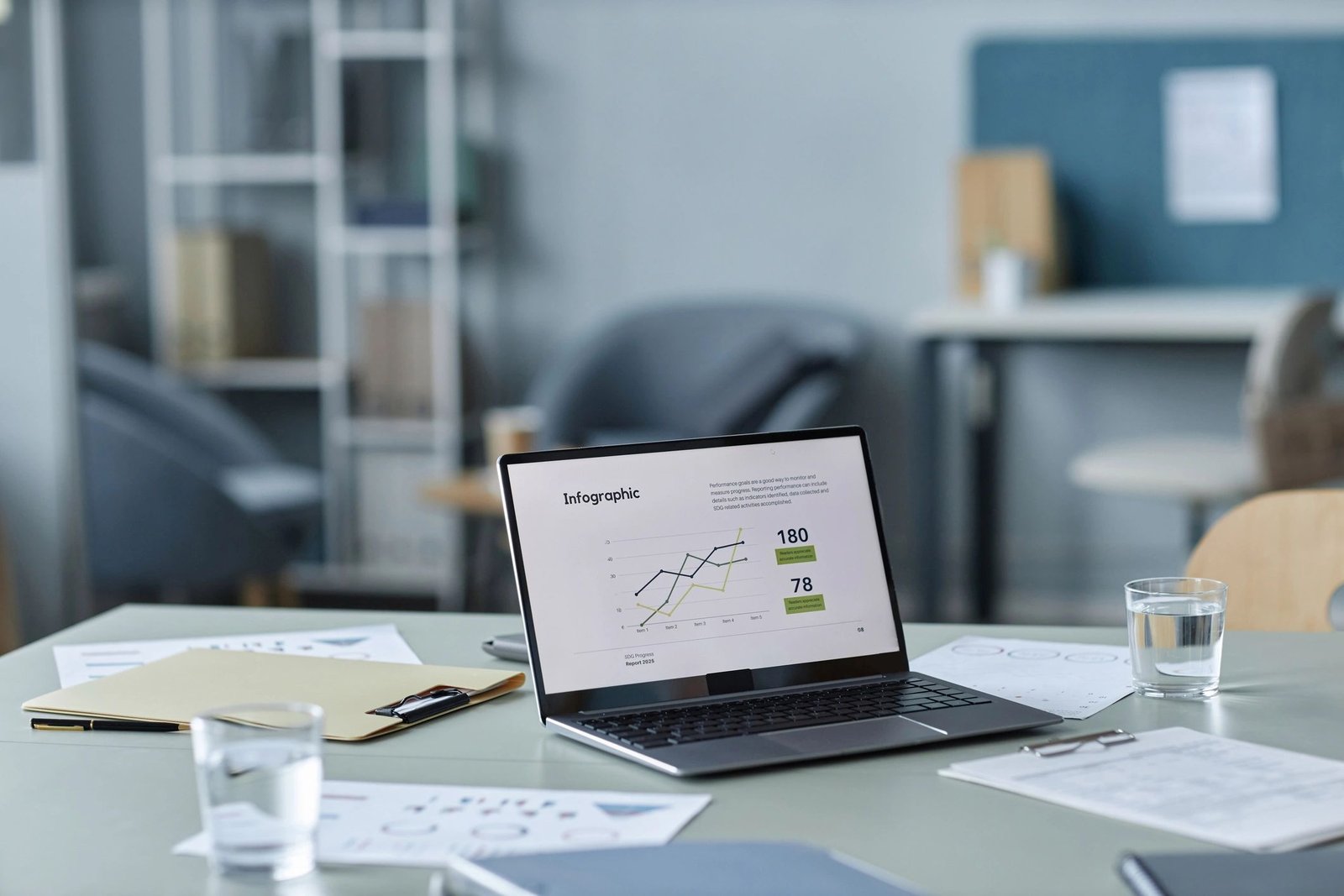 Laptop showing charts and analytics in an office workspace