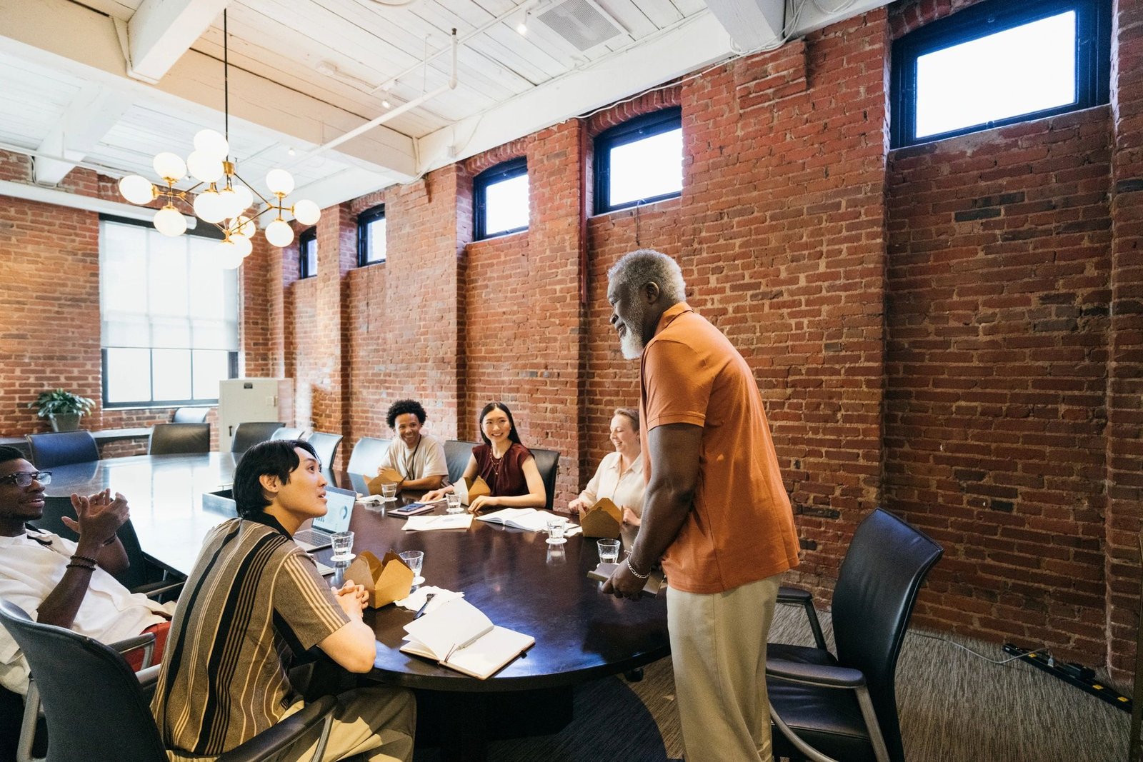 Business team collaborating in a boardroom meeting